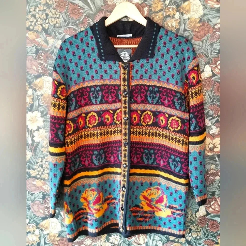 90s Vintage Multicolor Tapestry Knit Cardigan | Boho Folk Art Sweater | Size L